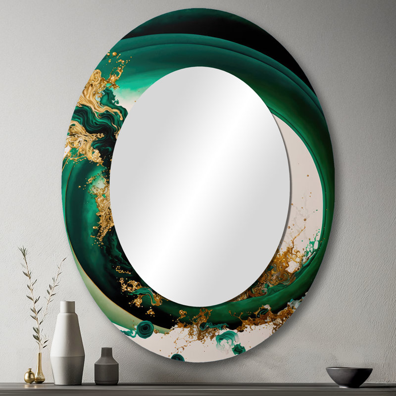 Pazley Emerald Green And Gold Abstract Waves II - Abstract Spirals Mirror, Green Decorative Wall Mirror, Printed Metal Art