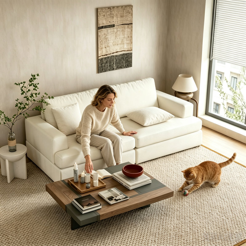 4 Seater Chenille Sofa & Chaise, White