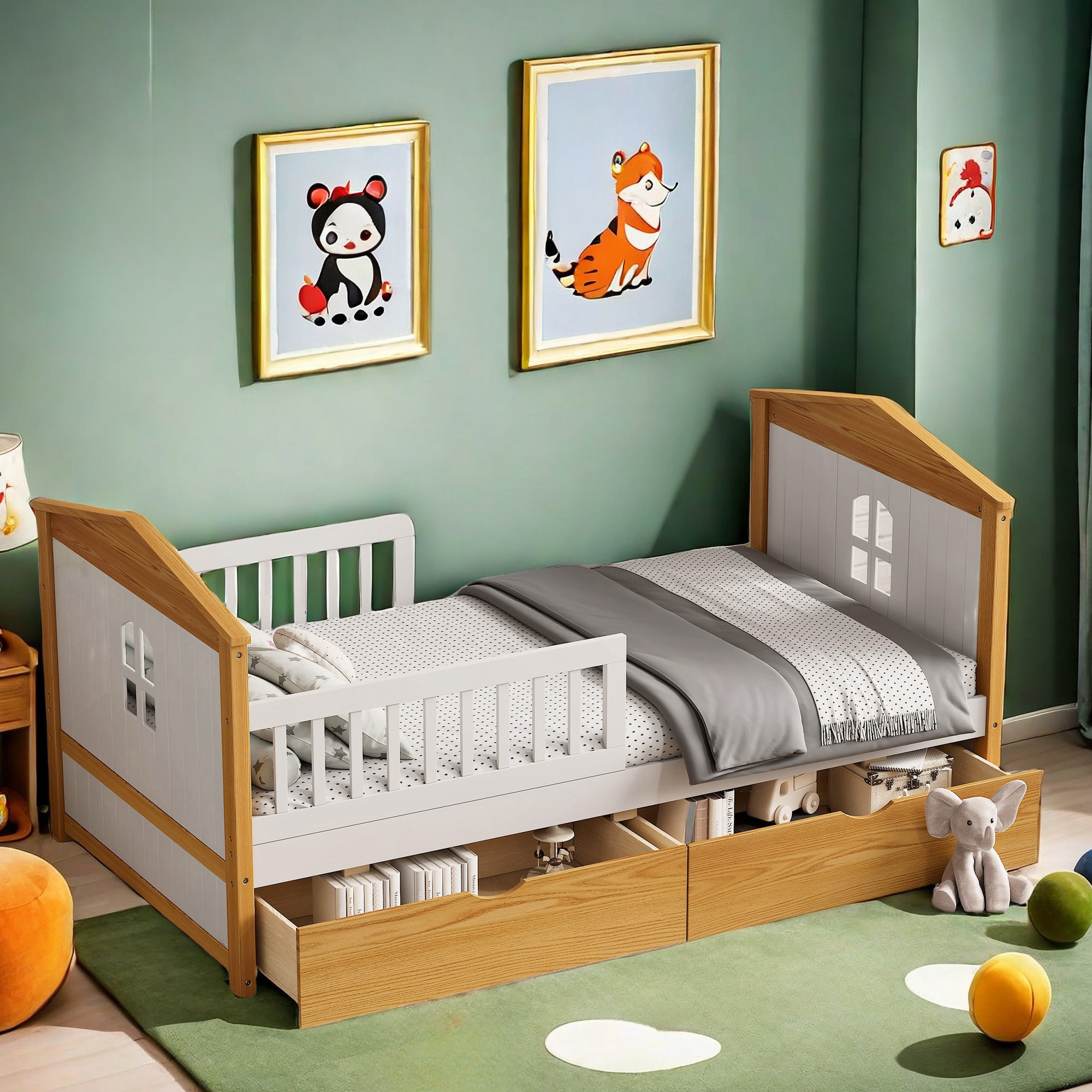 Disney Wooden House Shape Bed With Two Drawers And Guardrails | Wayfair