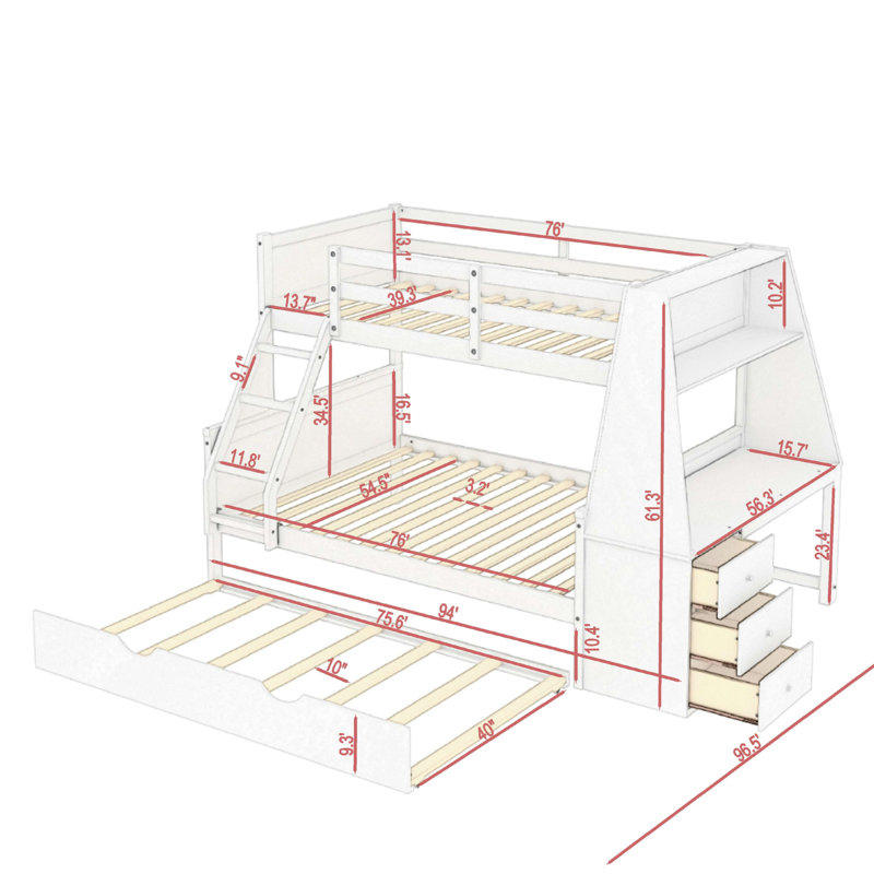 Fjolla Twin over Full 3 Drawer Standard Bunk Bed with Built-in-Desk by Harriet Bee, Gray