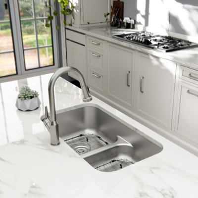 Karran Profile 32 inch Undermount 18 Gauge Low Divider Double Bowl Stainless Steel Kitchen Sink with Accessories