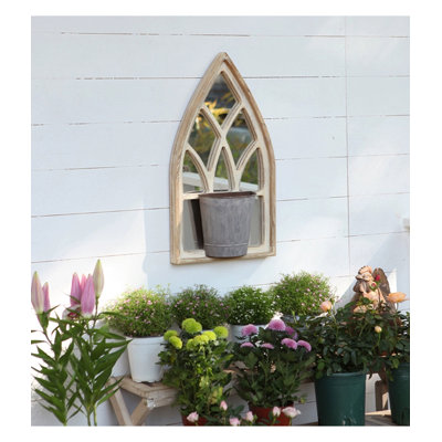 Vintage Cathedral Window Wooden Wall Mirror With Planter For Rustic Entryway Home Ornament