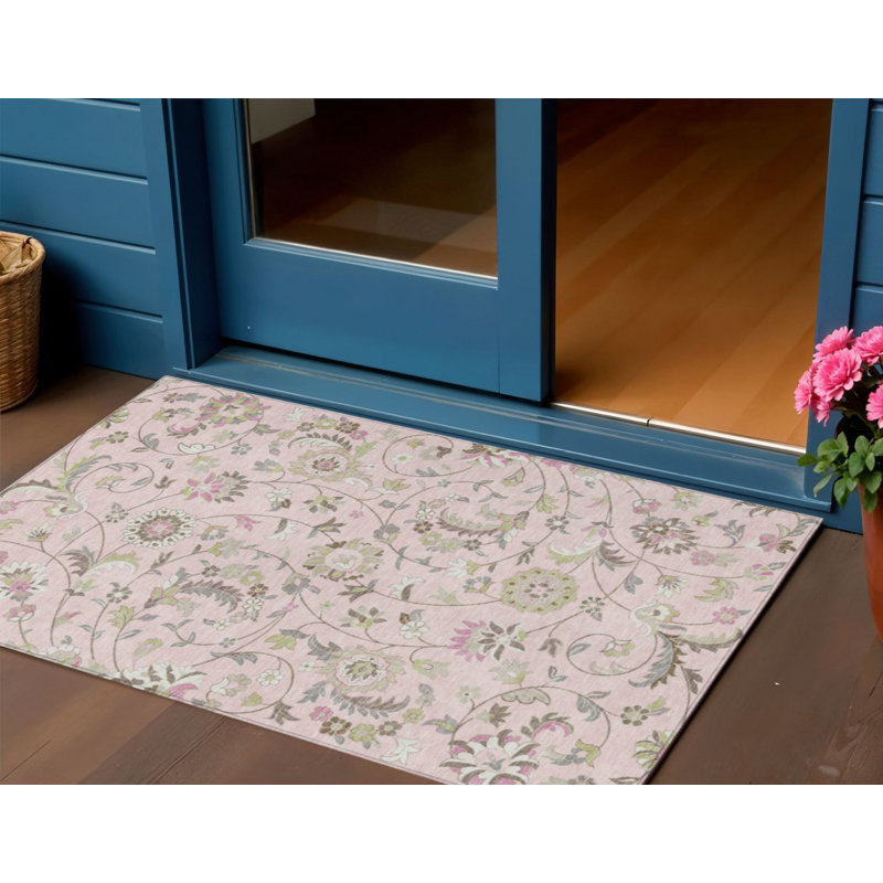 3' X 5' Pink Green And Gray Floral Washable Indoor Outdoor Area Rug