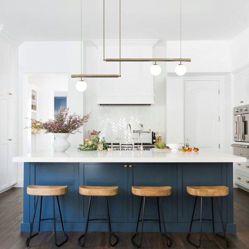 3 - Light Kitchen Island Linear Pendant, Brass