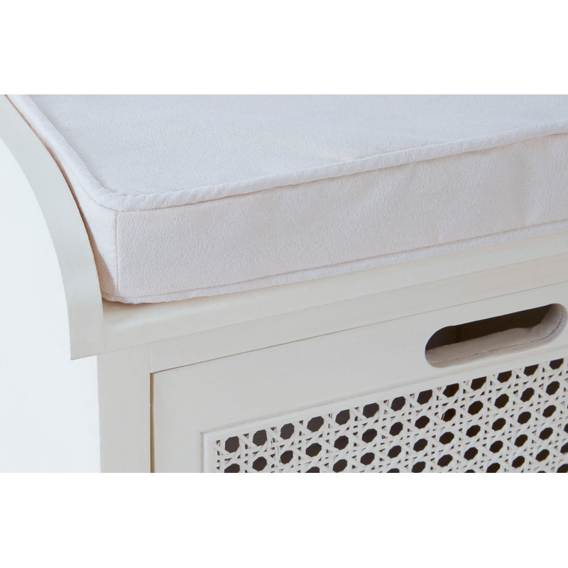 Cotton Upholstered Storage Bench, White, White Wood, White