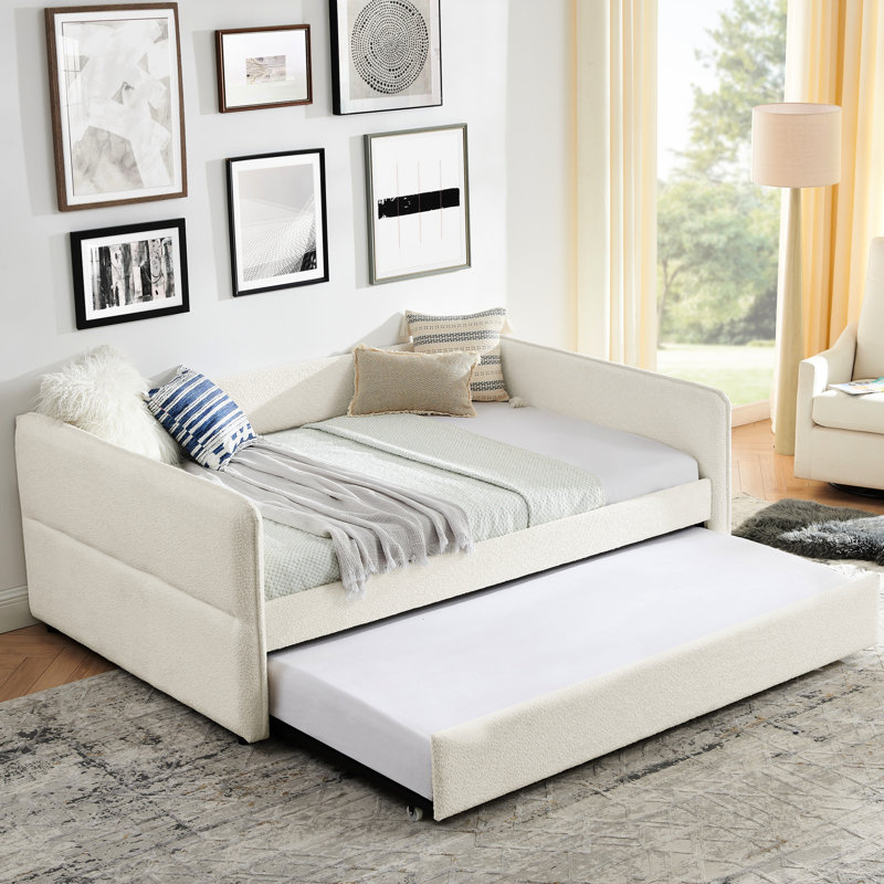 Lit de jour rembourré pleine grandeur avec couchette en tissu bouclé beige 83 po x 58,5 po x 29,5 po à rayures verticales sur les dossiers Fonctionnel pour plus de sommeil Siège en mousse confortable et élégant