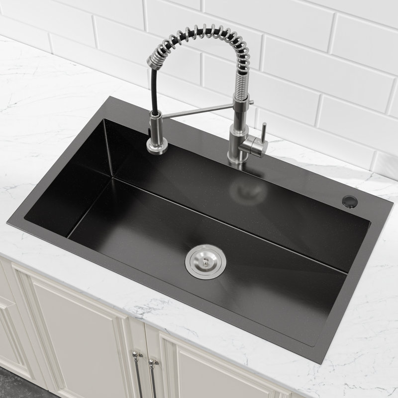 32-inch L Single Bowl Overmount Handmade Kitchen Sink Stainless Steel Sink with Drain and Hook, Matte Black