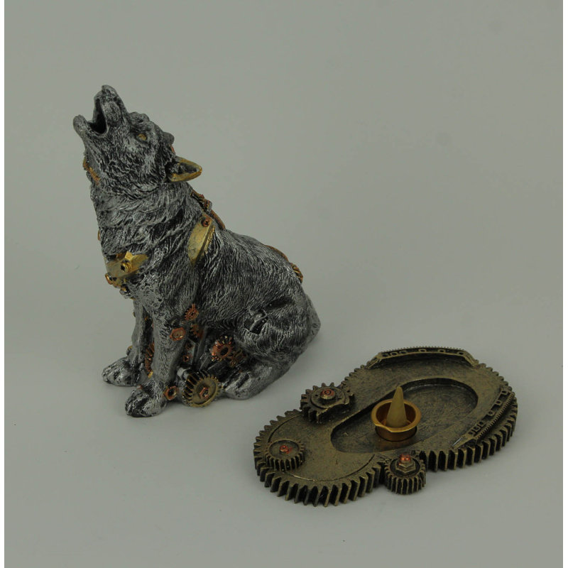 Industrial steampunk resin cyborg wolf dog tabletop statue with gear base in silver, gold, and copper — 7.5'' H x 5.5'' L x 3.5'' W