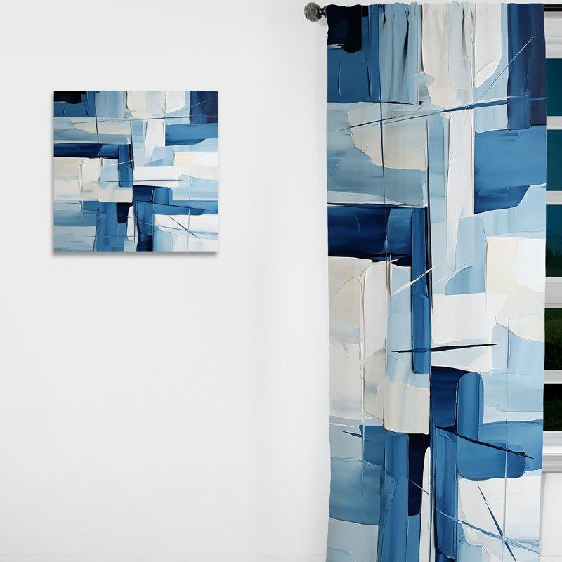 Formes géométriques blanches et bleues Feivel II - rideau en velours moderne - obscurcissant - 1 panneau, L 52 po x L 63 po
