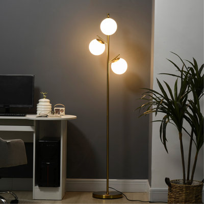 3-Light Modern Floor Lamps For Living Room, Tree Standing Lamp For Bedroom With Globe Lampshade, Steel Base, , Gold