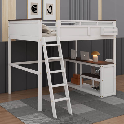 Grand lit mezzanine surélevé combiné à un bureau, une étagère ouverte et un port de chargement USB