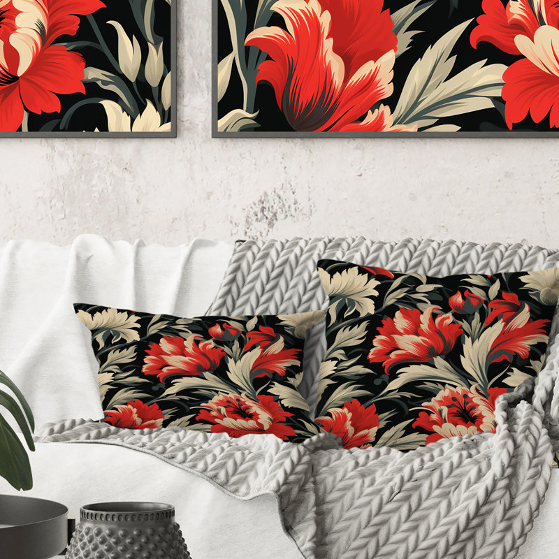 Ikat victorien rouge et beige avec fleurs héritage - oreiller floral en polyester