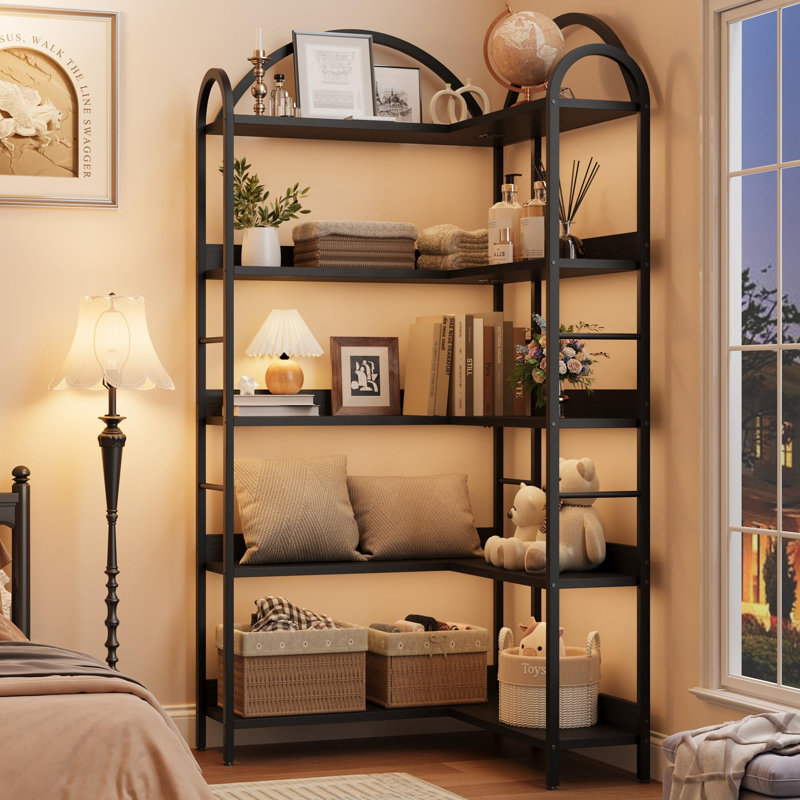 Arched Corner Bookshelf, 68.5" Tall 5-Tier Industrial Wood & Metal Bookcase, Space-Saving Storage Display Shelf, Black