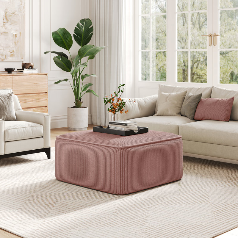 Orrey Upholstered Ottoman, Pink Corduroy, 16.25" H x 30.25" W x 30.25" D