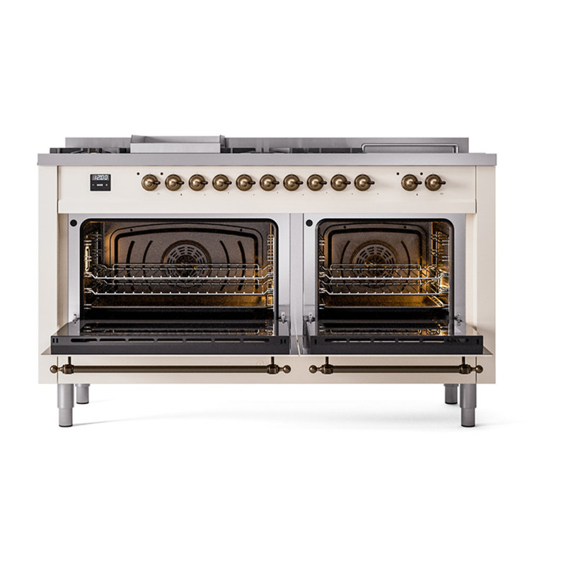 ILVE Nostalgie II Noblesse 60 in Dual Fuel Range 7 Burner, Griddle, Frenchtop, Liquid Propane, Antique White/Burnished