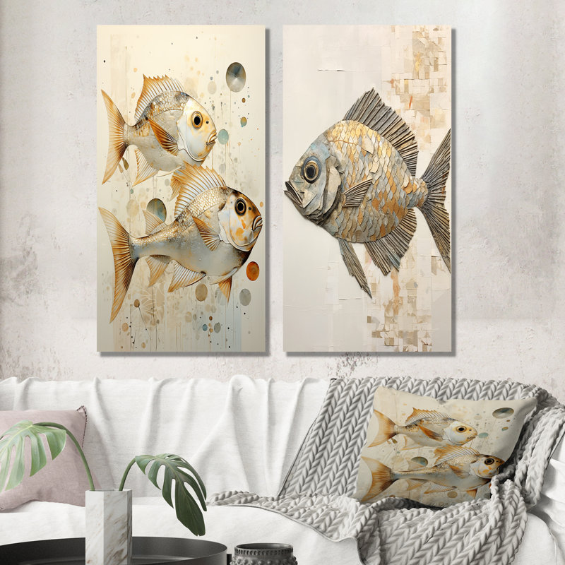 Fish Harmony - ensemble de salon art mural 2 poissons, H 28 po x l 25 po, Toile tendue