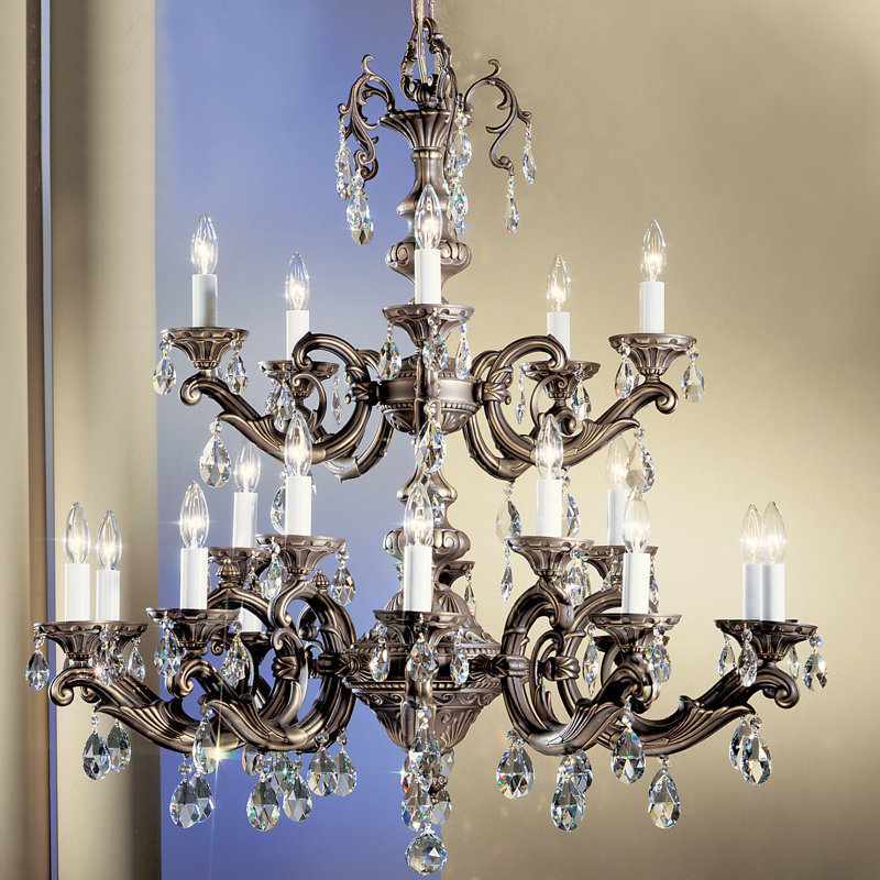 Lustre 20 lumières façon bougie Princeton II, Bronze romain, Crystalique