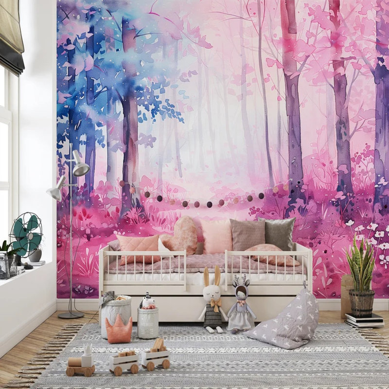 Rose et bleu aquarelle forêt enchantée, L 108 po x l 96 po