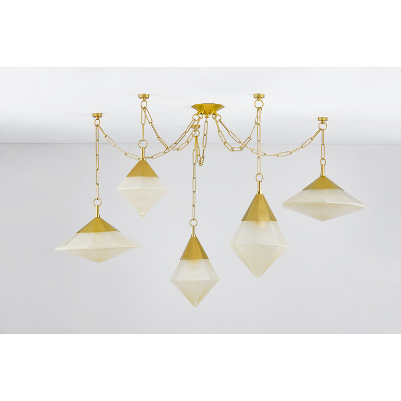 Vintage Polished Brass 5-Light Chandelier with Clear Glass Shades