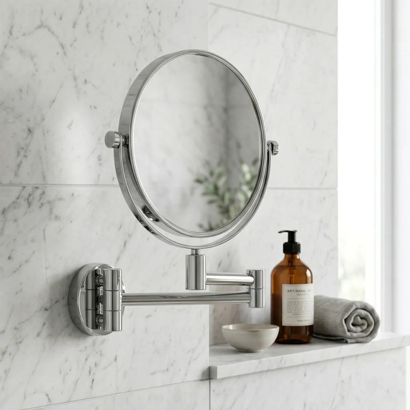 Wall mounted magnifying make-up mirror. 5x's mag & normal- polished chrome 