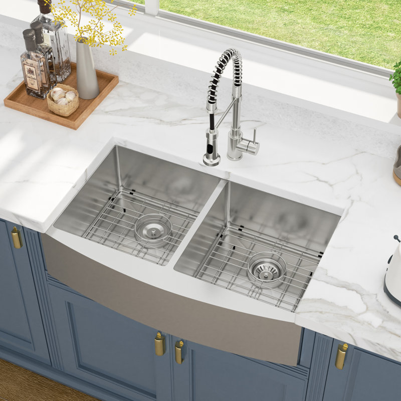 33" L x 20" W Double Bowl 50/50 Farmhouse/Apron Kitchen Sink Stainless Steel Single Bowl Kitchen Sink, 9" H x 33" L x 20" W