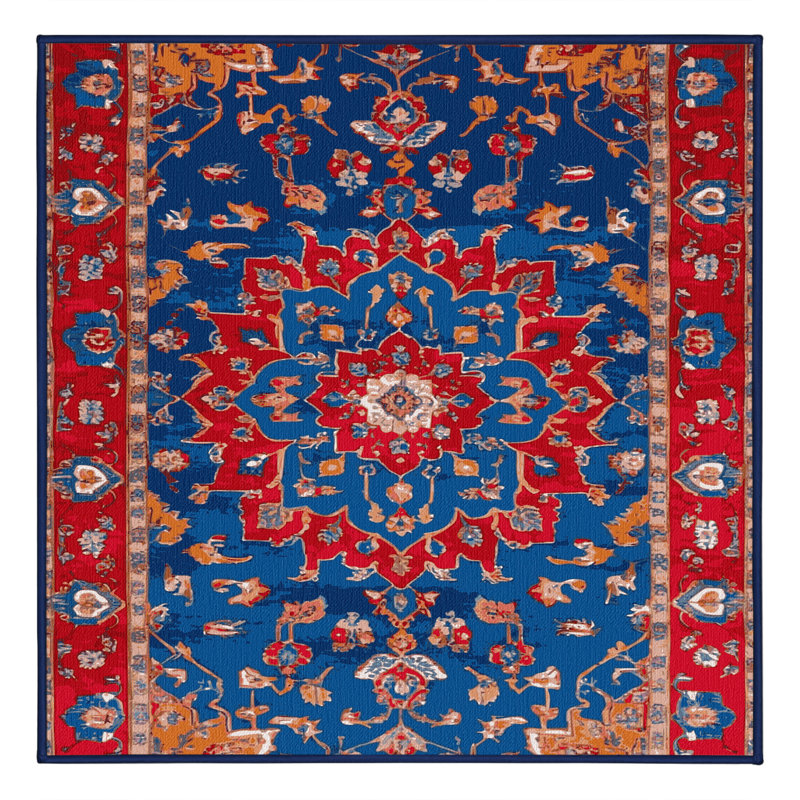 Tapis bleu Tabriz lavable à la machine, Carré 8 pi
