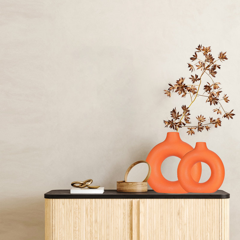 Flower Vase, Flower Vase, Ceramic Vase For Home Decor, Set Of 2, Orange