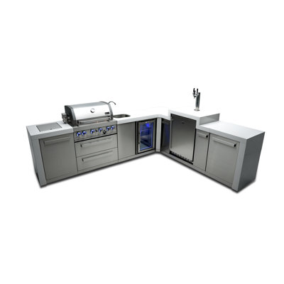 Îlot de cuisine de luxe en acier inoxydable en forme de L de 120 po x l 98 po Mont Compi + robinet de réfrigérateur et évier + distributeur de bière Kegerator + barbecue 4 brûleurs avec comptoir de 32 po + comptoirs en granite + armoires de rangement + couvercle + convertible au gaz naturel + Garantie à vie