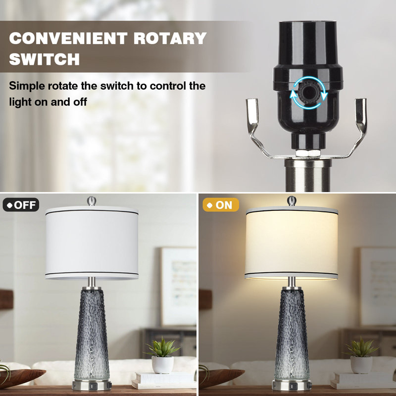 Taifa Glass Table Lamp with Nightlight and USB Charging Ports AC Outlet, Gray