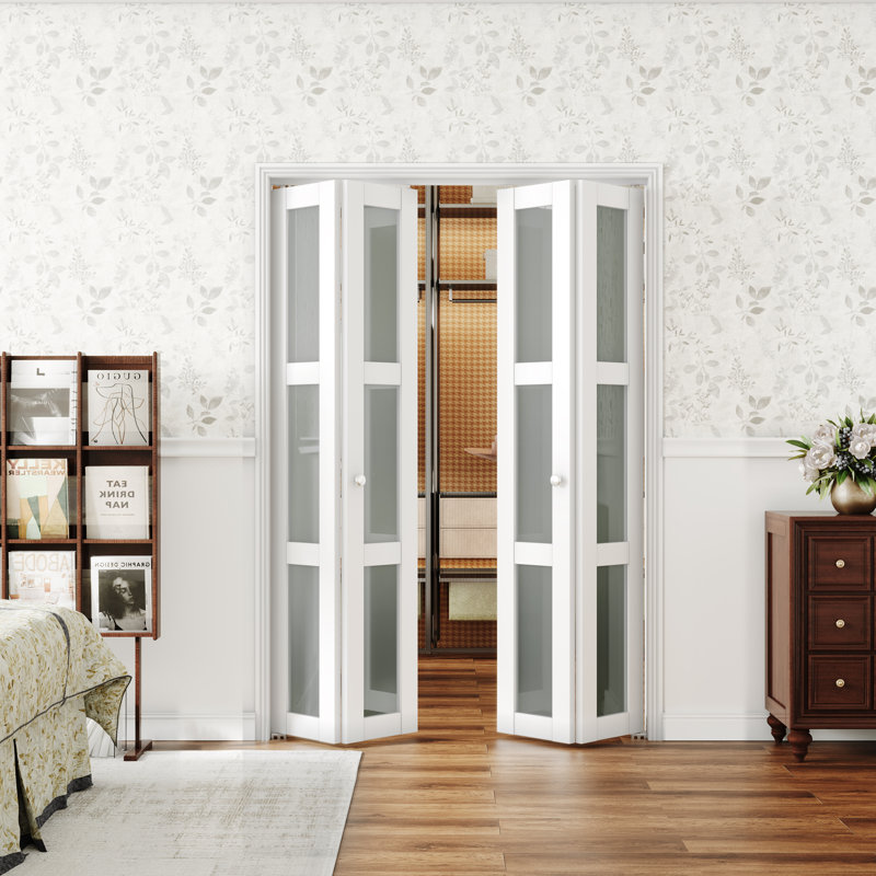 Porte pliante, pour ouverture de 24 à 36 po x 80 po, panneau de porte pliant en verre trempé givré 3-Lite avec trousse de quincaillerie, surface en panneau de fibres à densité moyenne et en PVC, portes de placard pliantes blanches