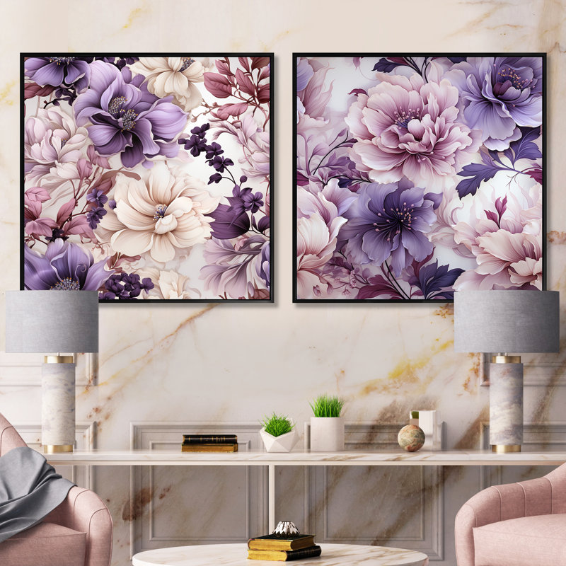 Motif victorien éthéré floral délice - ensemble de 2 collages floraux carrés, Cadre flottant noir, H 16 po x l 33 po