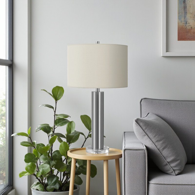 Edel Nickel Metal & Ivory / Cream Shade Table Lamp, 27.36'' H X 14.8'' W X 14.71'' D