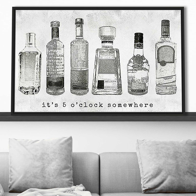 «It's 5 O'loge Somewhere» par Natalie Carpentieri - impression, Cadre flottant noir, H 27,5 po x l 43,5 po x P 2 po
