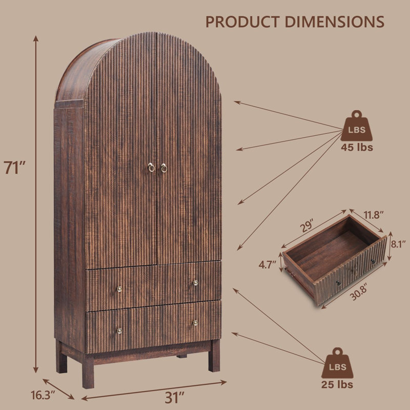 71" Tall Modern Arched Bathroom Storage Cabinet, Fluted Cabinet Storage with 4 Shlves and 2 Drawers, Brown