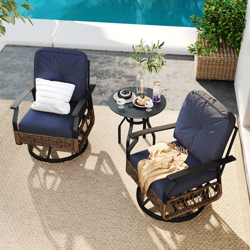Denison 2-Person Outdoor Seating Group, Wicker Swivel Chairs with Cushions and Side Table, Blue