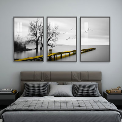 Luxueux aluminium encadré, ensemble de 3 reproductions d'art encadrées sur toile