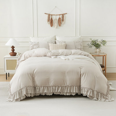Beige Boho Comforter Queen Size,Ruffle Bedding Set,2 Layers Ruffles Fluffy Vintage Comforter Home Decor,Farmhouse 3 Pcs Microfiber Lightweight Quilt Set