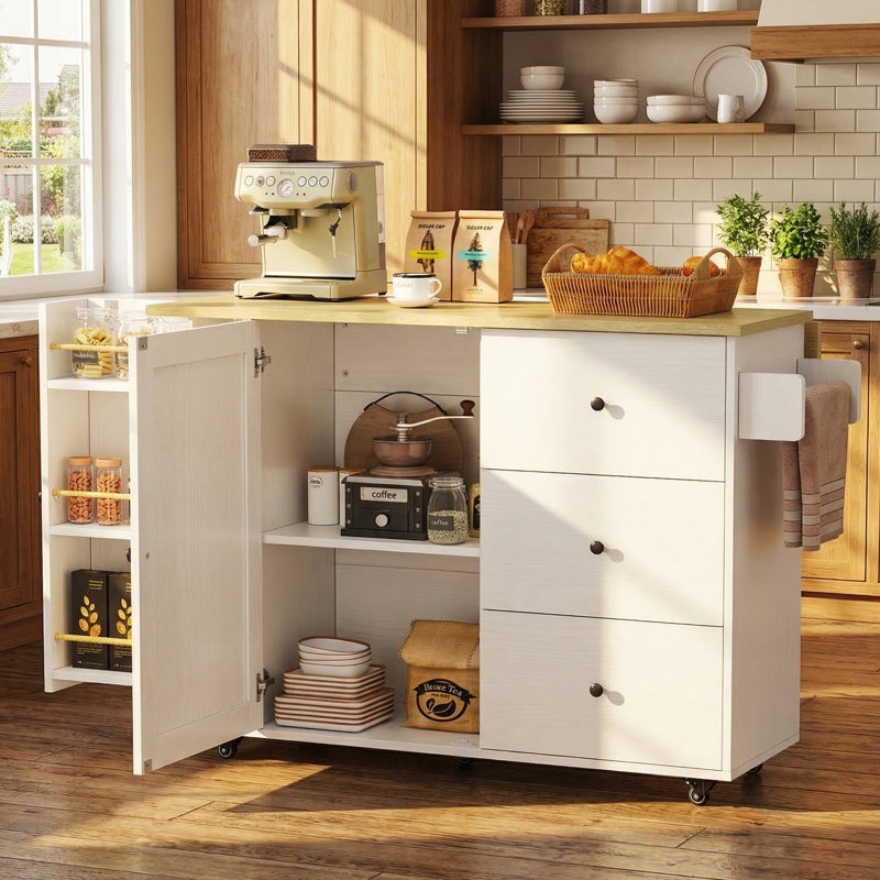 Îlot de cuisine de 47,2 po de style transitionnel avec abattant et rangement, chariot de cuisine sur roulettes avec 3 tiroirs et armoires, station de café