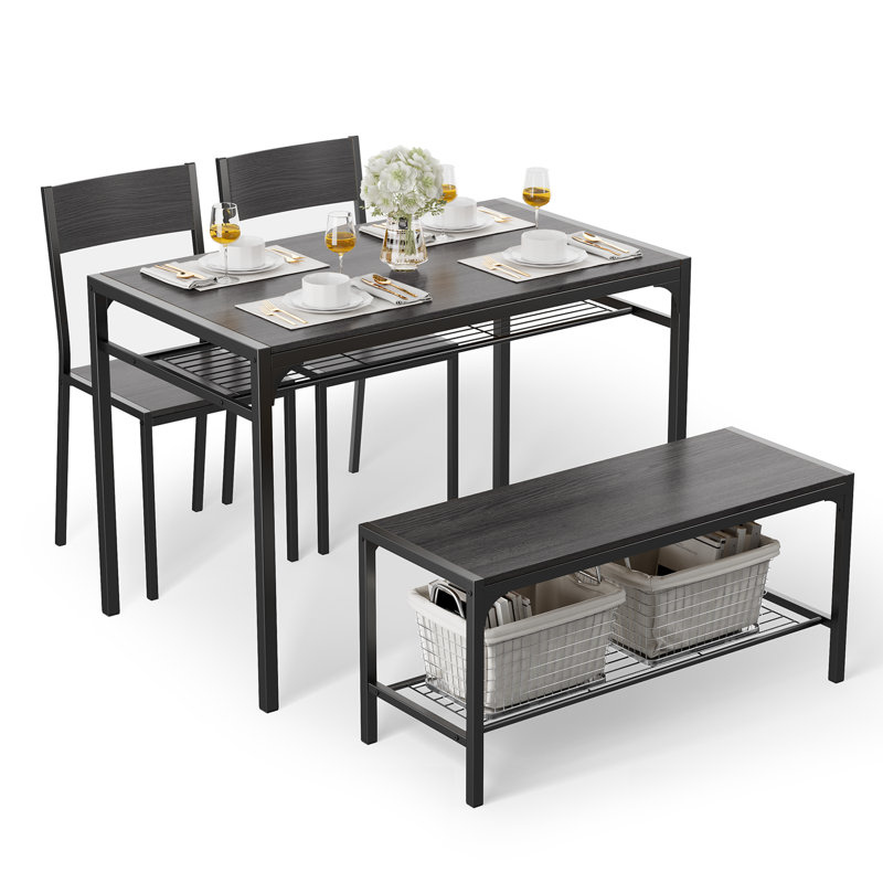 Tamajah 4-Person Dining Table Set with 2 Chairs and Storage Bench for Small Spaces, Black