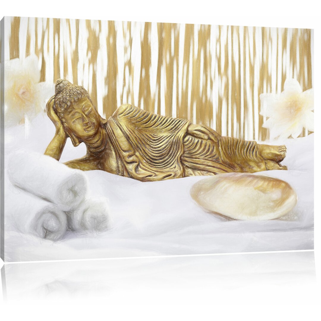 Leinwandbild „Goldener Buddha auf Handtuch“, Grafikdruck