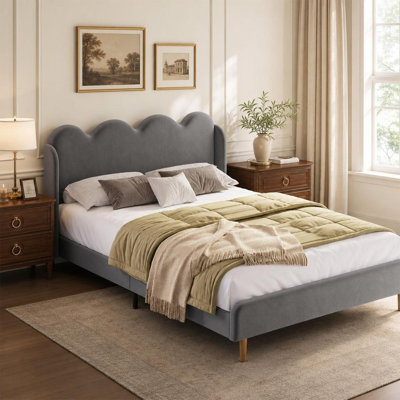 Velvet Upholstered Wingback Platform Bed Frame – Twin Size Bed with Tufted Headboard & Scalloped Edges, Tool-Free Easy Assembly, Modern Bedroom Bed Frame
