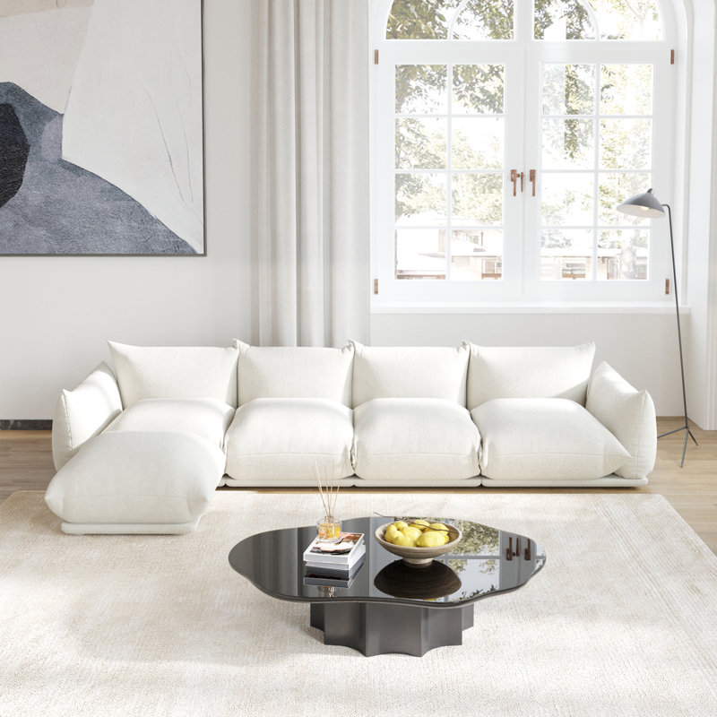 Minarik 4-Seat Chenille Fabric Upholstered Sectional Sofa With Ottoman, White Chenille