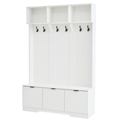 Farmhouse 5-in-1 Hall Tree with 3 Open Storage Cabinets for Hallway Living Room