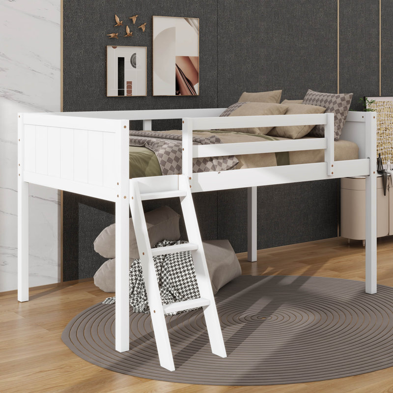 Lit mezzanine bas simple en bois avec échelle pratique, Gris