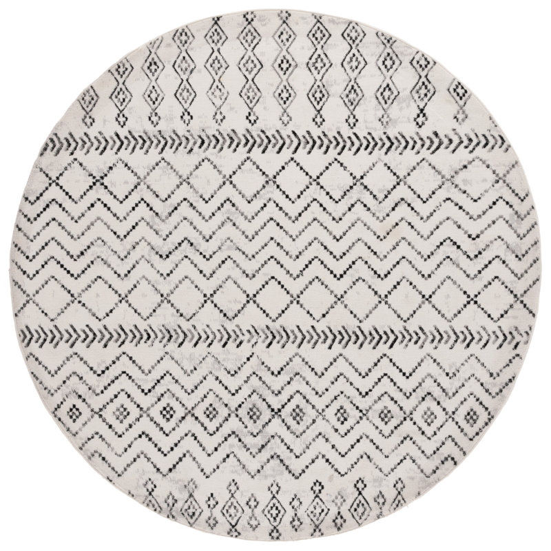 Laniqua Temple Bcf/Jute/Latex/Overlock Southwestern Rug in Ivory/Gray/Black, Round 6'7"