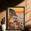 Art encadré noir, "Une femme lisant sur un balcon en bord de mer", impressions sur toile de style rétro-75349215