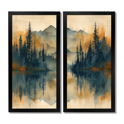 Lever de soleil vert jaune brouillard dans la forêt - ensemble d'art mural encadré, paysages verts