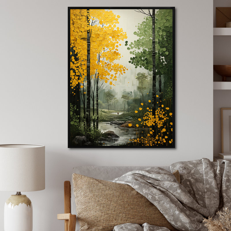 Canopée orange, arbres verts, patchwork II - art mural de salon, H 44 po x l 34 po x P 1,5 po, Cadre flottant noir