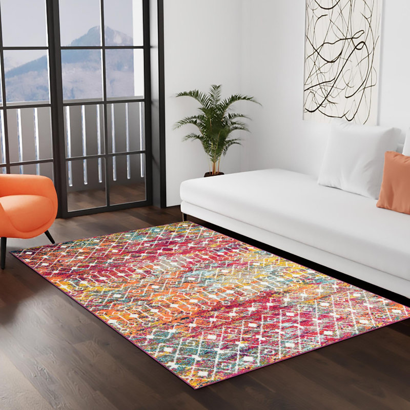 Tapis en chenille / polyester tissé à la machine à motif géométrique rose / jaune / blanc Briehn, Rectangle 6 pi x 9 pi