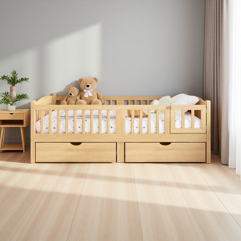 Lit plateforme avec garde-corps pleine longueur, Naturel, Lit simple